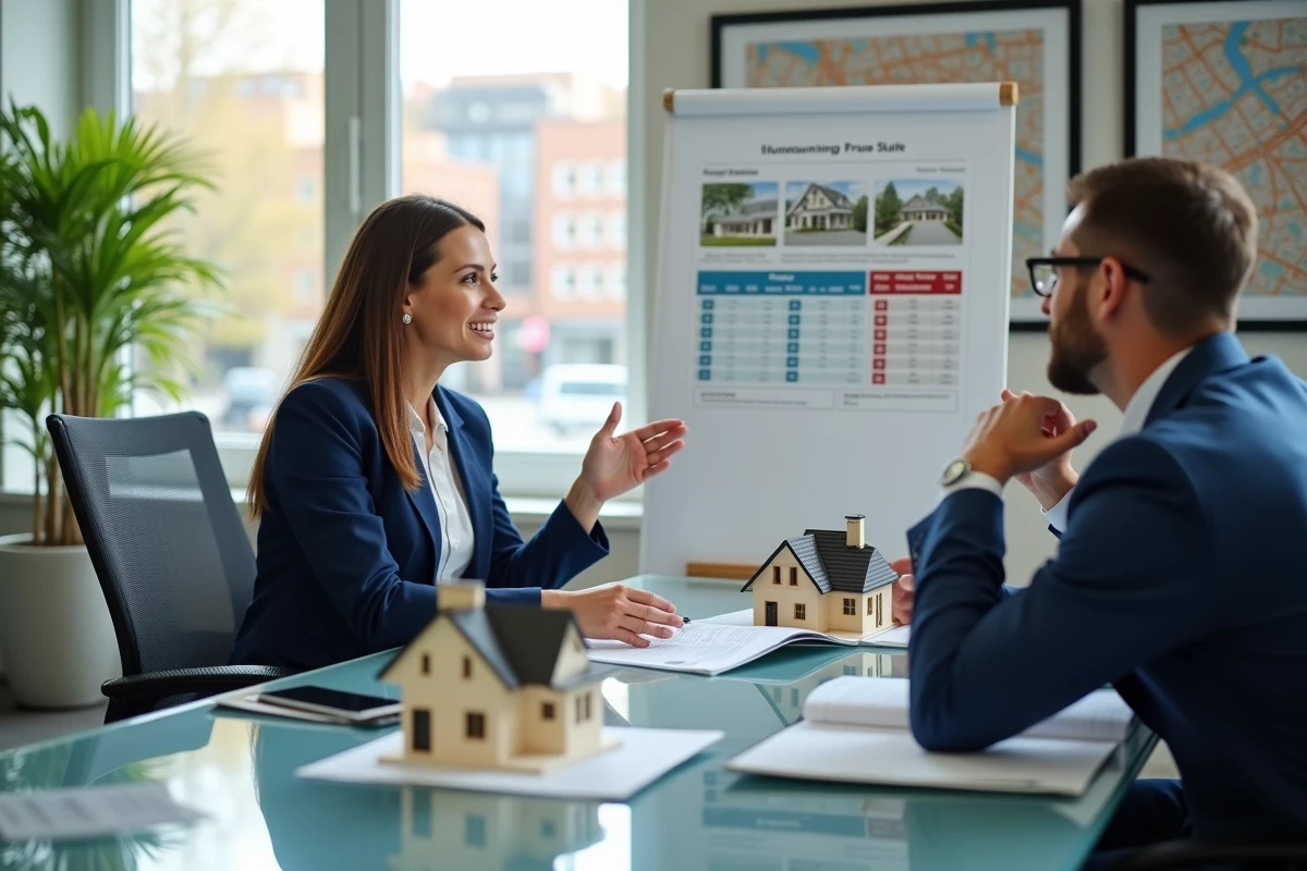 Agent immobilier présentant une comparaison de biens à deux propriétaires dans une agence immobilière moderne