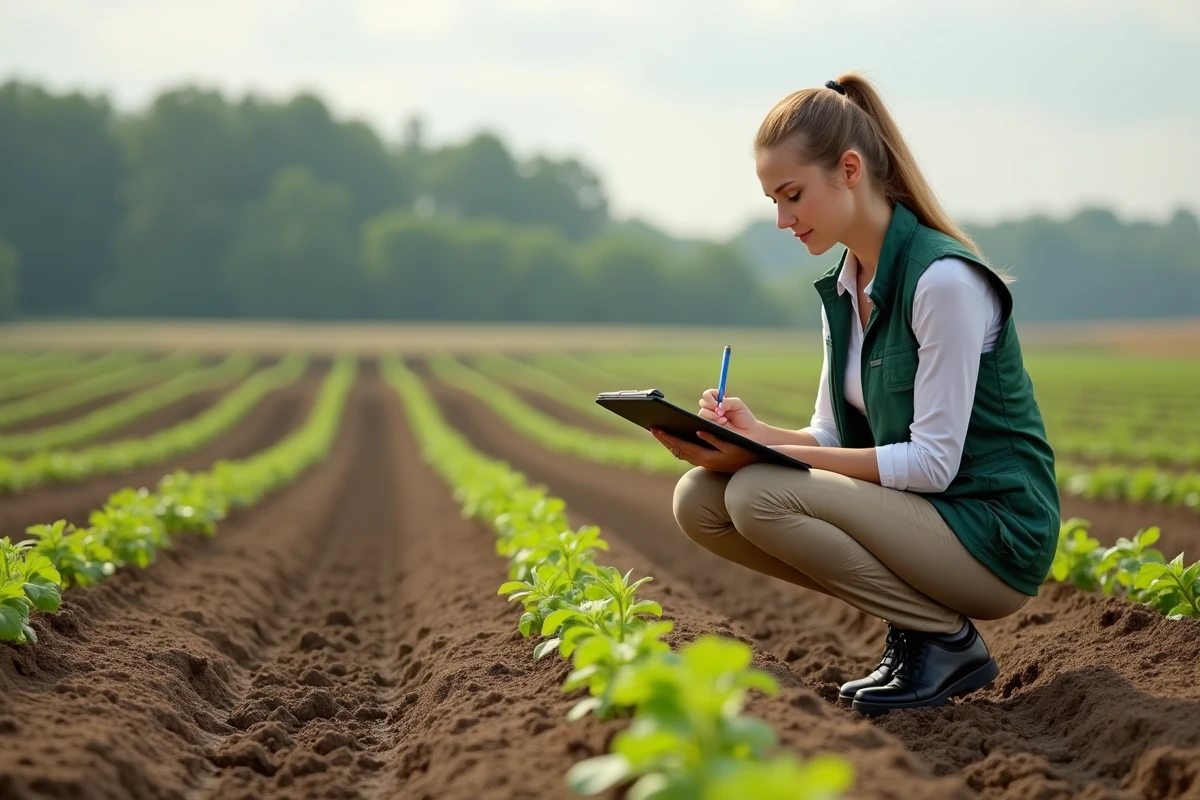 Femme agronome prenant des notes dans un champ de jeunes plants
