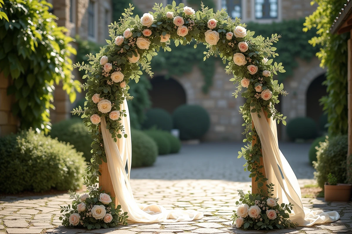 Arche de cérémonie de mariage ornée de roses blush, d'eucalyptus et de renoncules blanches dans une cour en pierre envahie de lierre