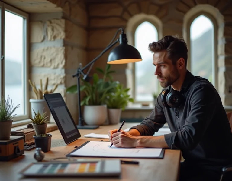 Artiste numérique breton travaillant sur une tablette graphique dans un atelier en pierre avec vue sur la côte bretonne