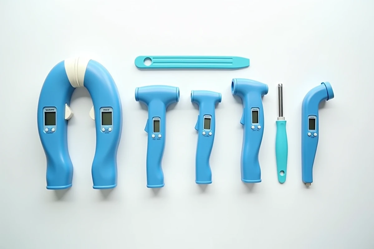 Vue de dessus d'un assortiment de thermomètres détectables bleus et d'équipements de sécurité alimentaire disposés sur fond blanc pour un catalogue professionnel