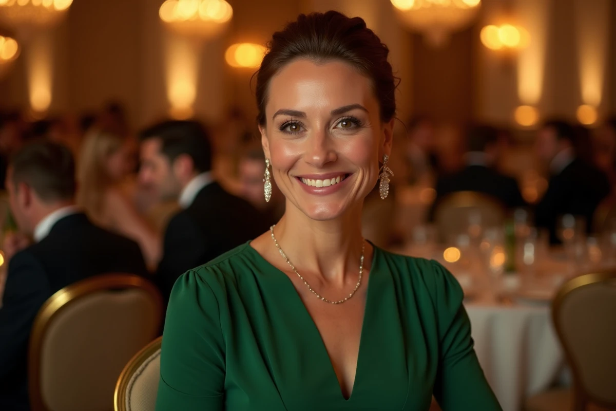 Femme élégante en robe verte lors d'une cérémonie de remise de prix hollywoodienne, illustrant le glamour de la vie de star à Hollywood