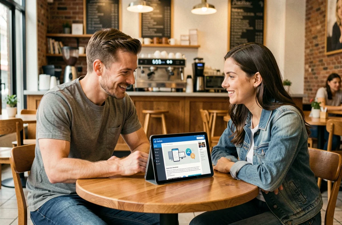 Deux collègues discutant des dernières actualités informatiques simplifiées sur une tablette dans un café moderne