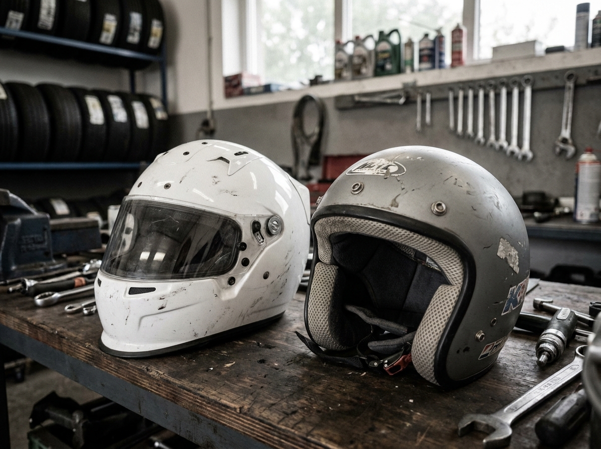 Comparaison de deux casques de karting, modèle intégral compétition et modèle jet loisir, posés sur un établi dans un garage