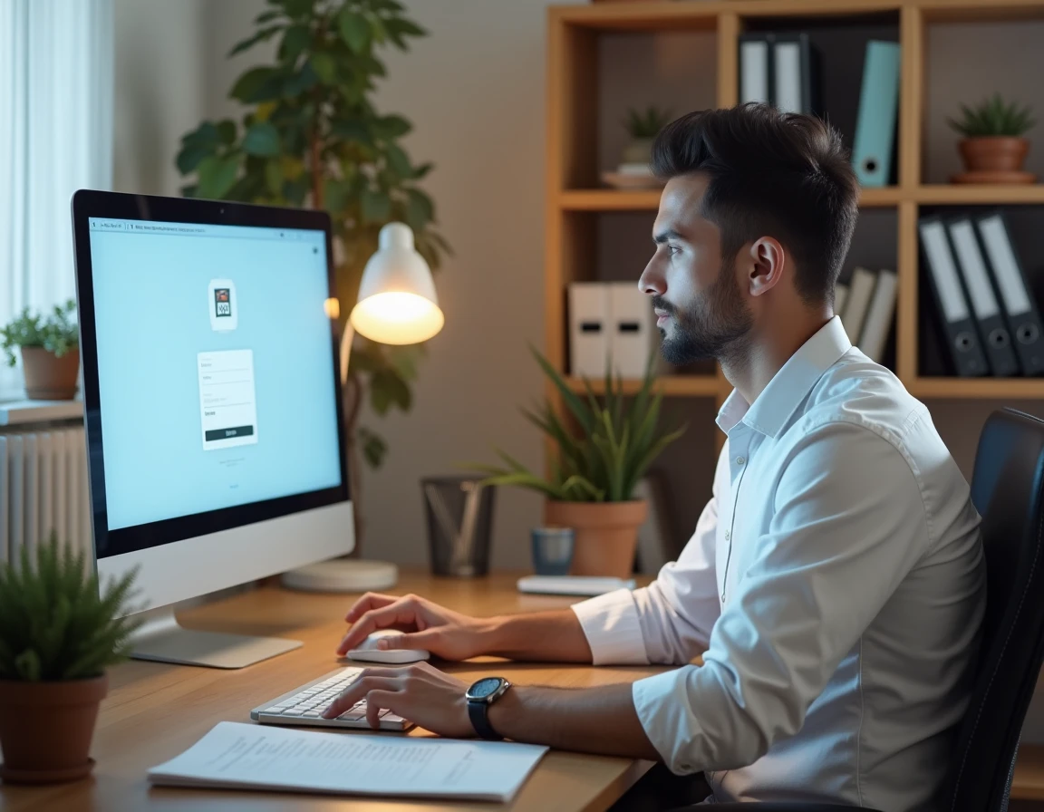 Homme consultant des instructions de connexion sécurisée au bureau propriétaire Itea depuis son domicile