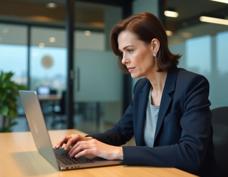 Femme professionnelle se connectant en toute sécurité à un bureau propriétaire sur son ordinateur portable dans un bureau moderne