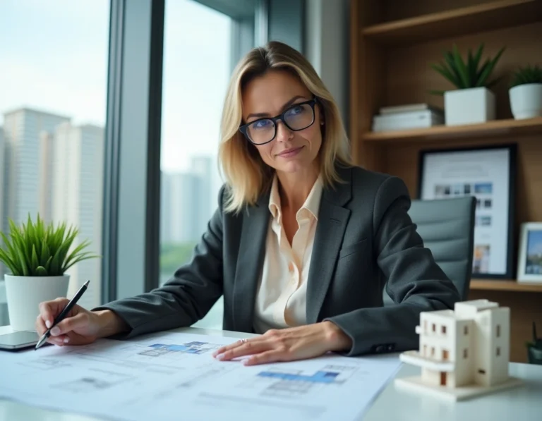 Conseillère immobilière professionnelle analysant des plans architecturaux dans un bureau moderne avec vue sur une skyline urbaine en 2024