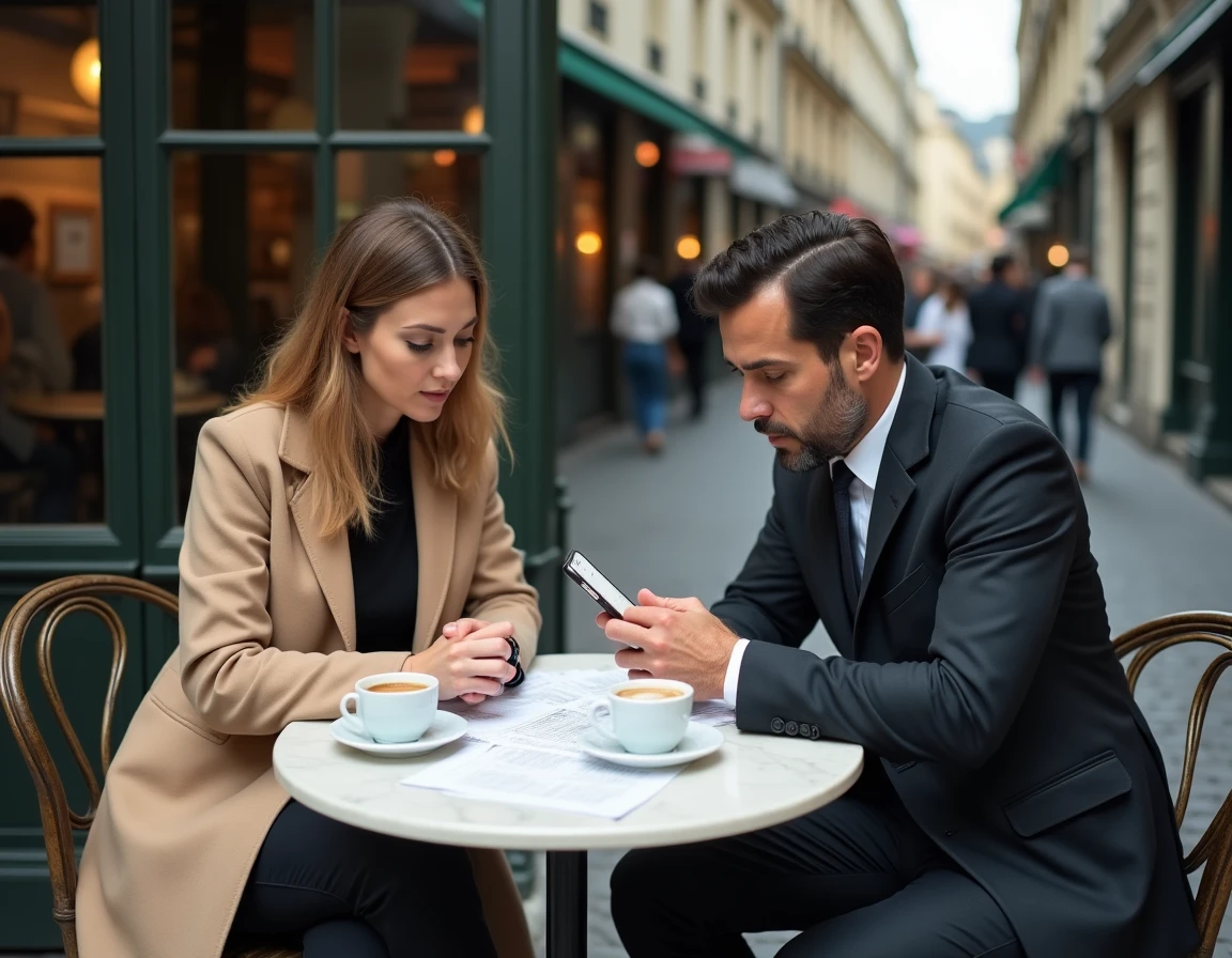 Réunion de consultation entre un client et un responsable d'agence mobile dans un café parisien pour discuter d'un projet d'application sur mesure