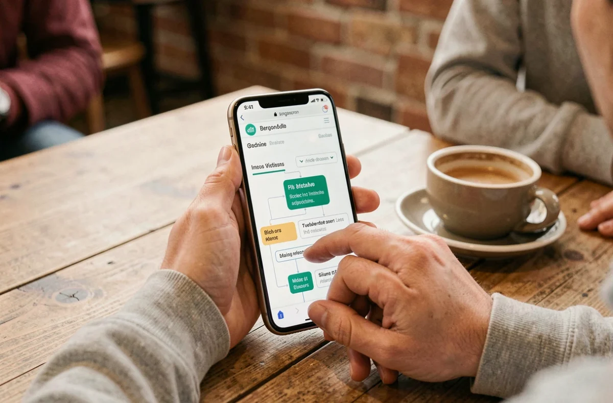 Consultation du sitemap d'un site financier sur smartphone dans un café