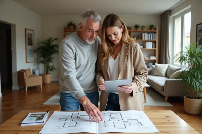 Couple examinant des brochures immobilières et des plans d'appartement dans un salon moderne pour un échange de logements