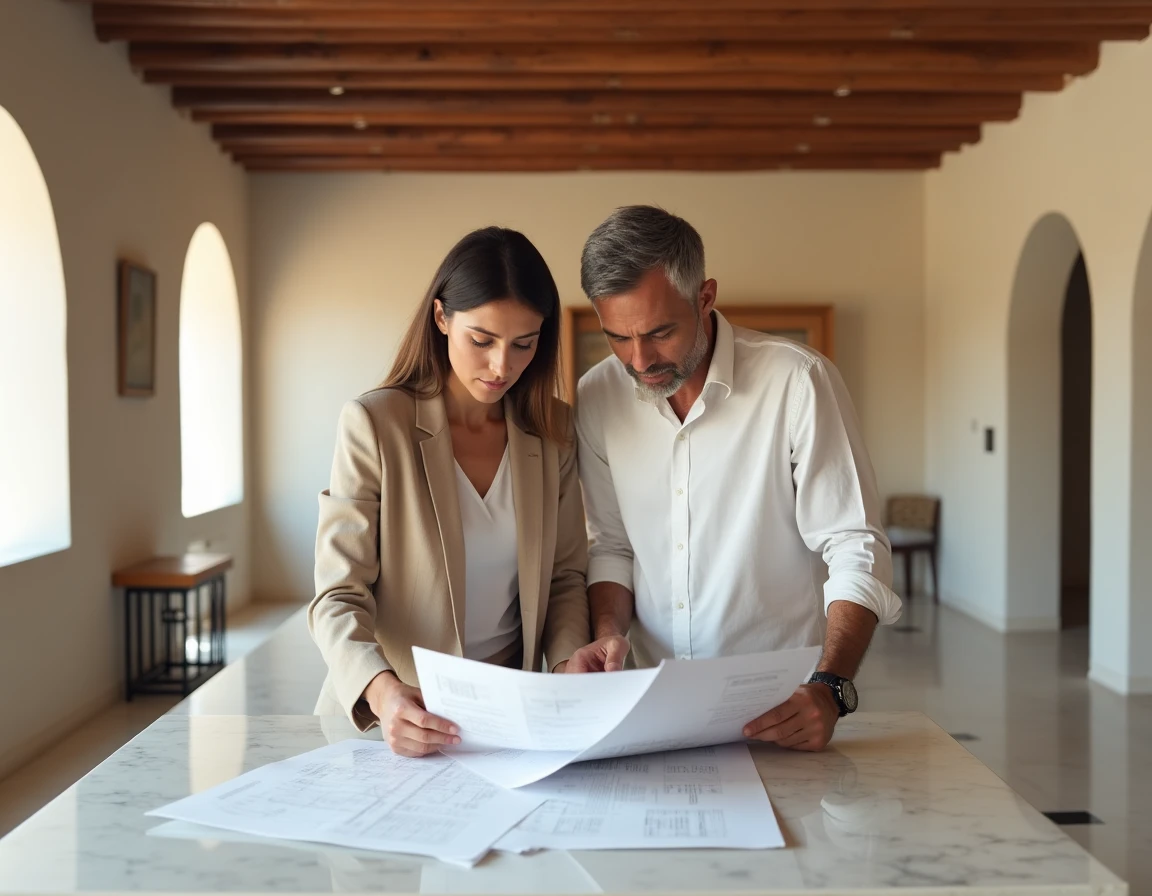 Couple marocain examinant des plans architecturaux dans l'intérieur raffiné d'une villa neuve à Amelkis Marrakech