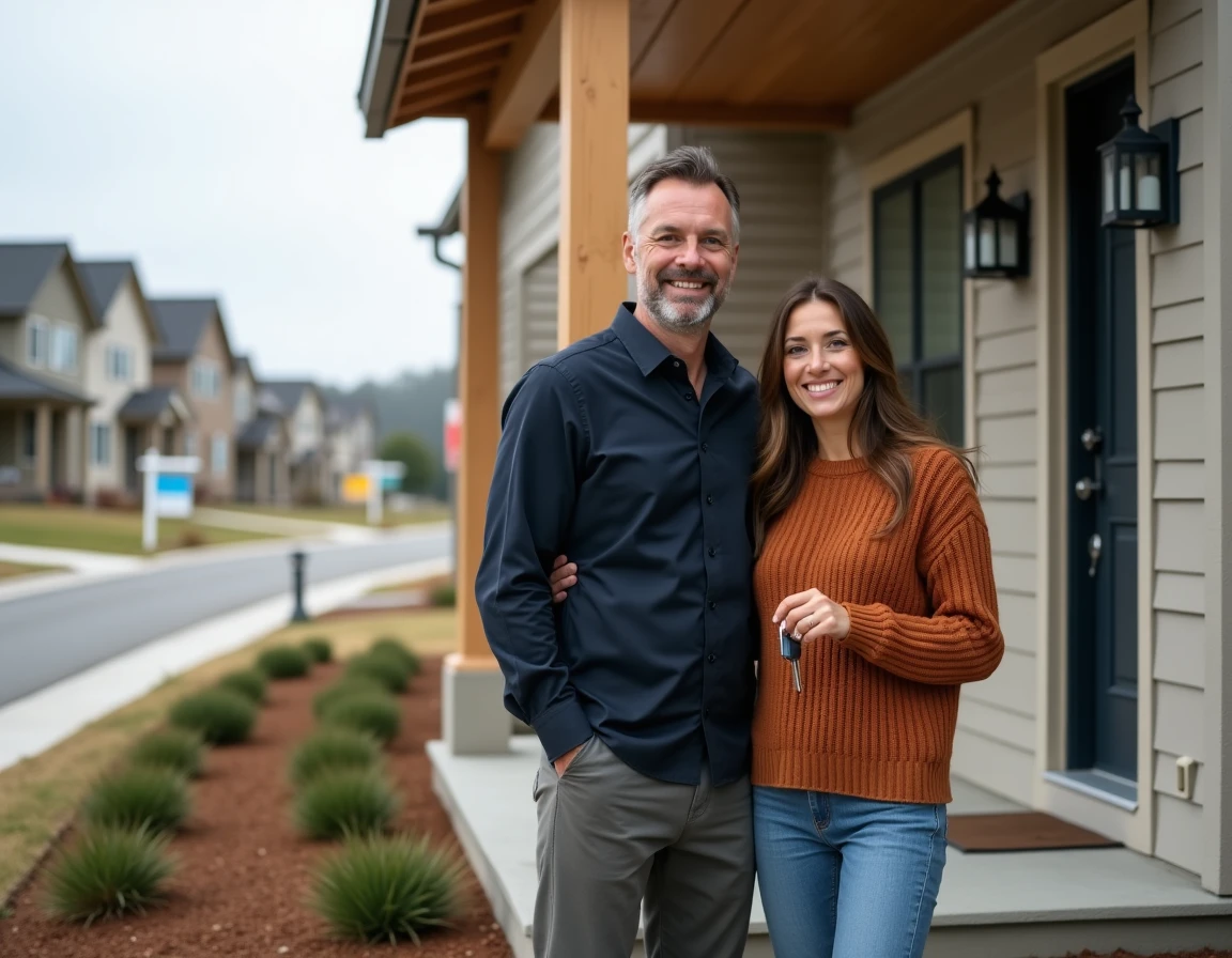Couple de nouveaux propriétaires tenant les clés de leur maison neuve dans un quartier résidentiel pavillonnaire