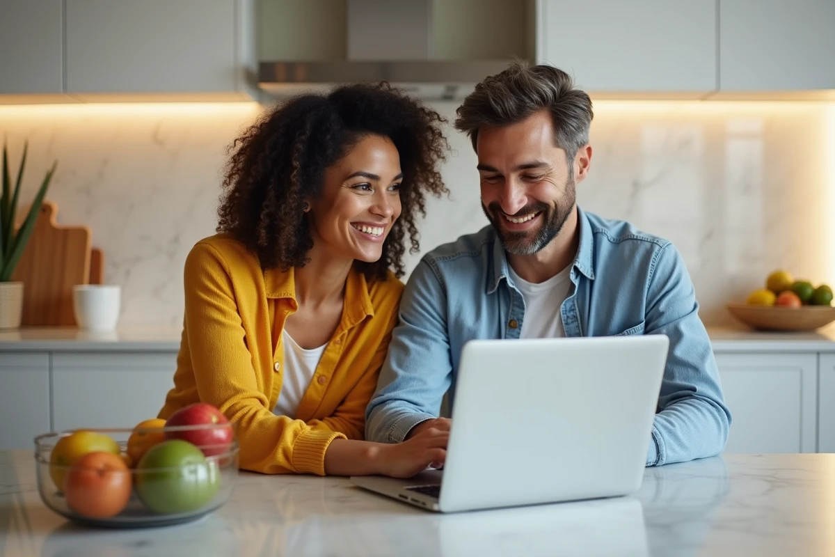 Couple recherchant un bien immobilier en ligne sur un laptop dans une cuisine moderne