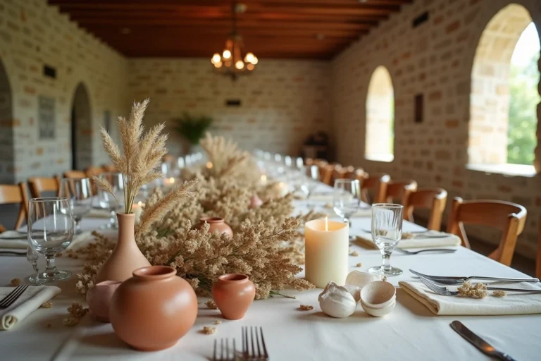Décoration de table de mariage rustique avec herbes de la pampa séchées, bougeoirs en céramique terracotta et fleurs sauvages dans une salle en pierre