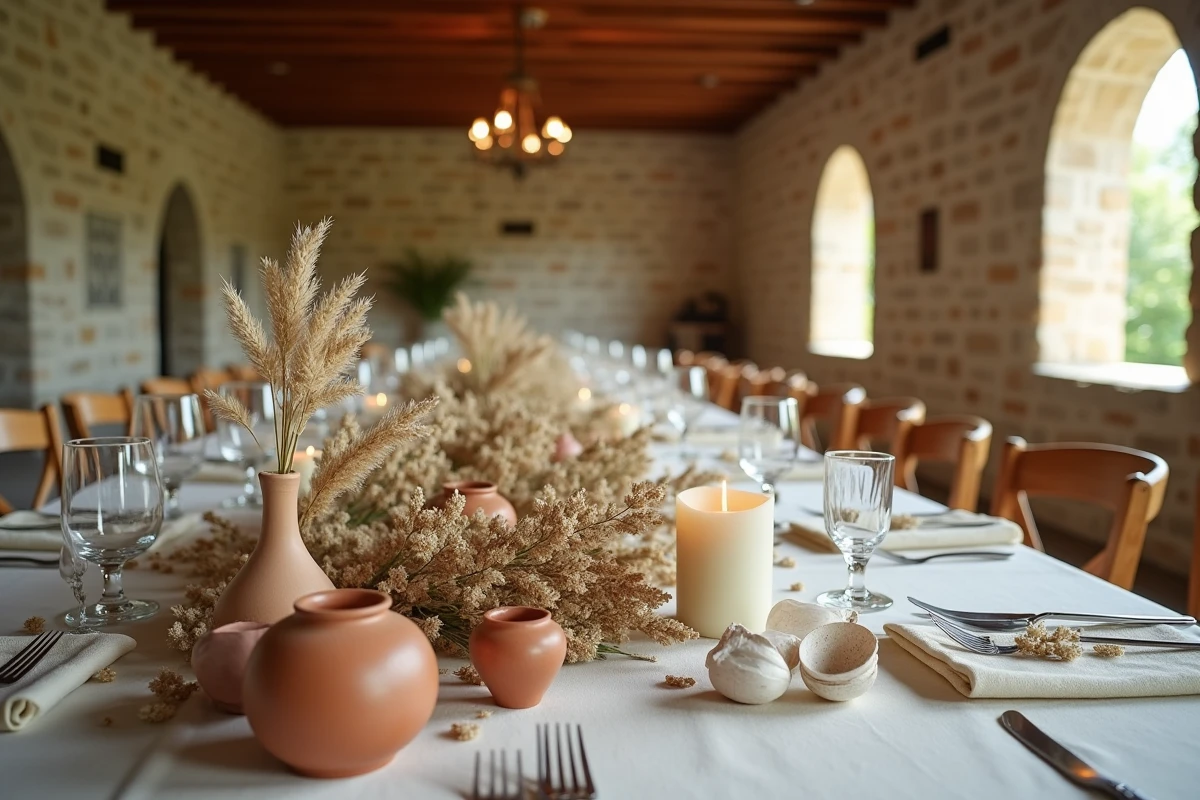 Décoration de table de mariage rustique avec herbes de la pampa séchées, bougeoirs en céramique terracotta et fleurs sauvages dans une salle en pierre
