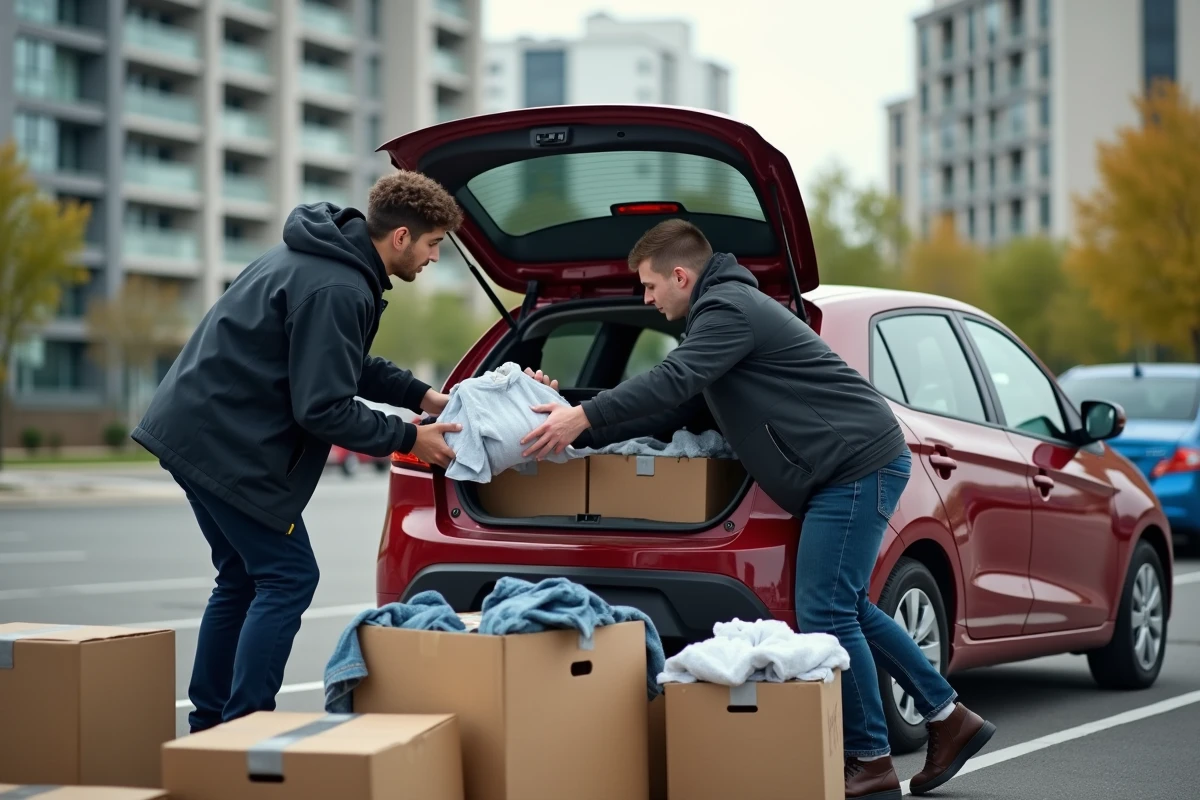Deux jeunes hommes chargeant des vêtements dans une voiture en ville