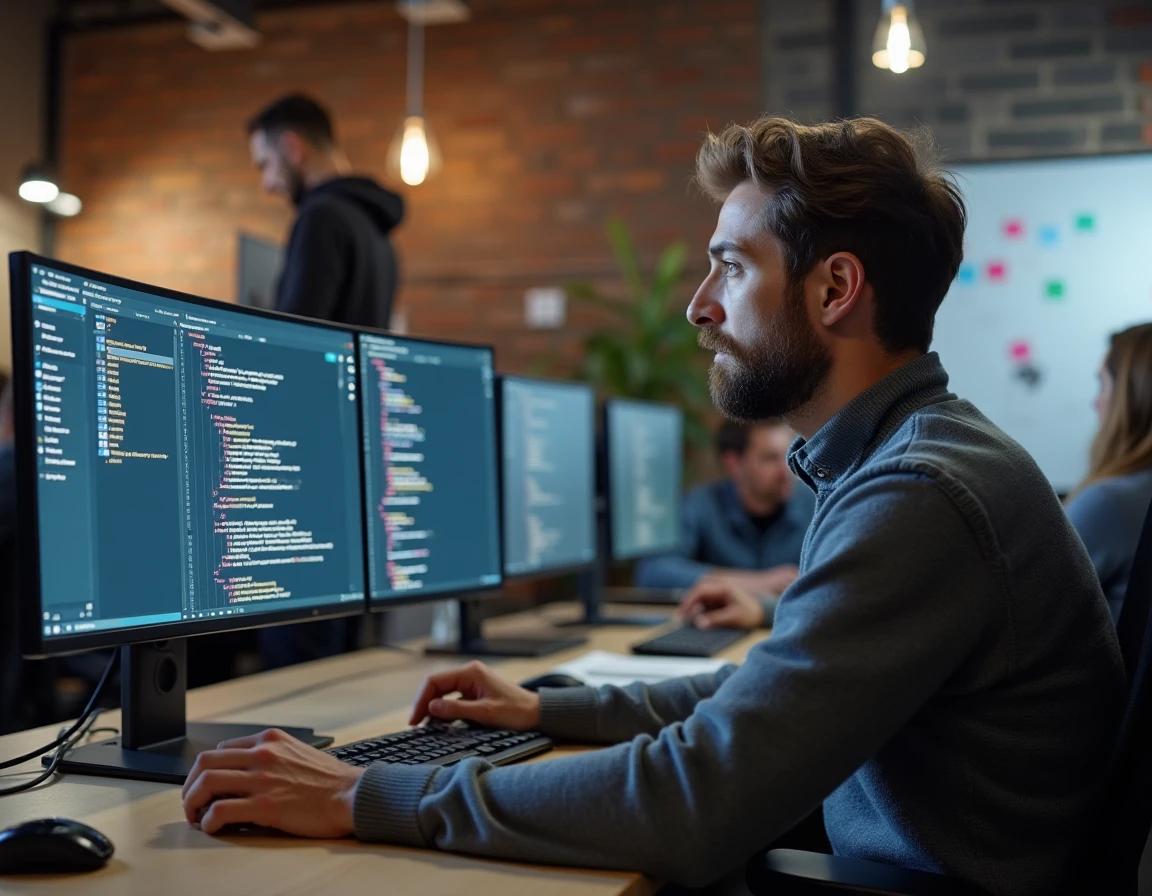 Développeur mobile travaillant sur le code d'une application sur mesure dans un open-space d'une agence tech parisienne