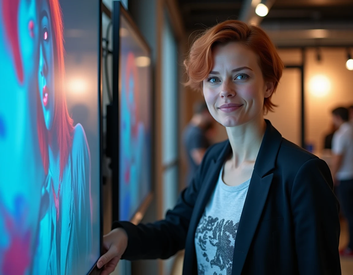 Directrice artistique présentant une œuvre d'art numérique en cours de création sur un grand écran dans un espace de coworking moderne à Rennes