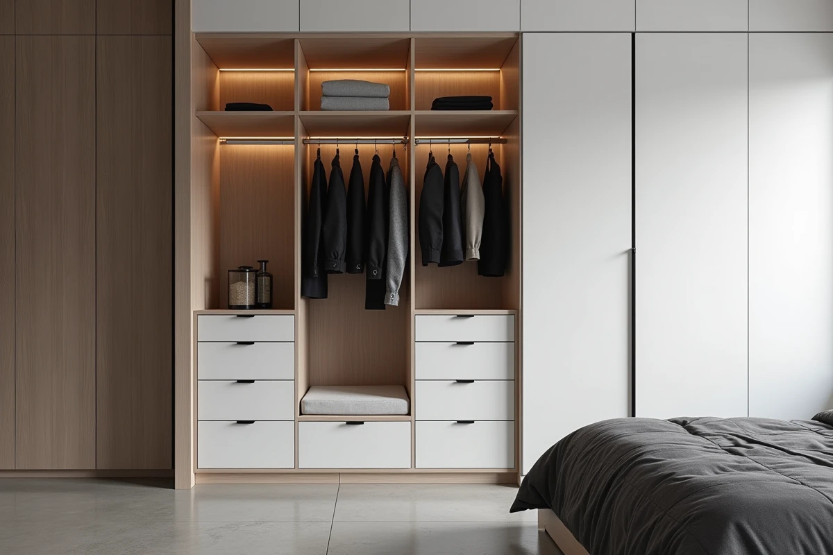 Dressing intégré dans une suite parentale compacte avec rangements sur mesure et banquette en velours
