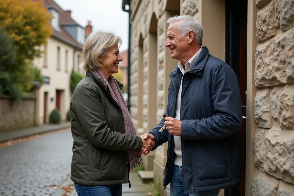 Deux propriétaires échangeant les clés devant une maison en pierre lors d'une transaction immobilière réussie