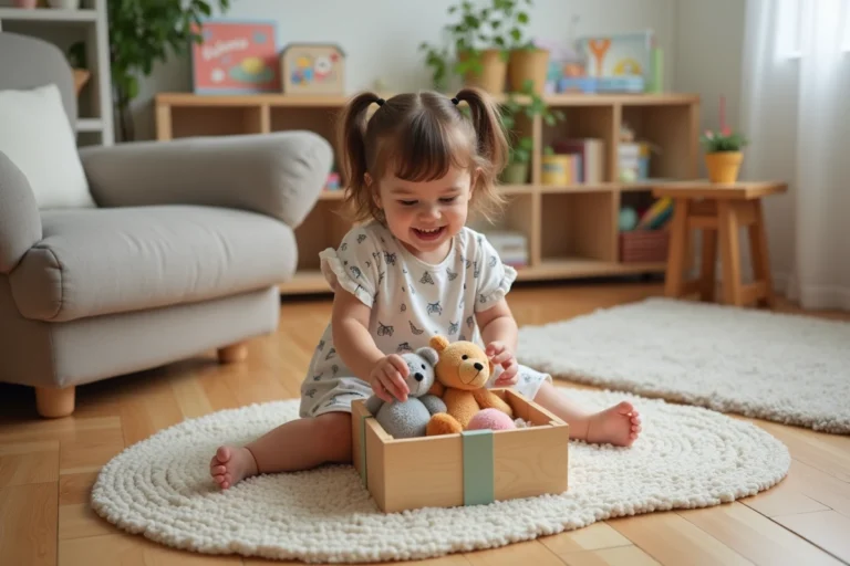 Petite fille heureuse ouvrant un coffret cadeau en laine