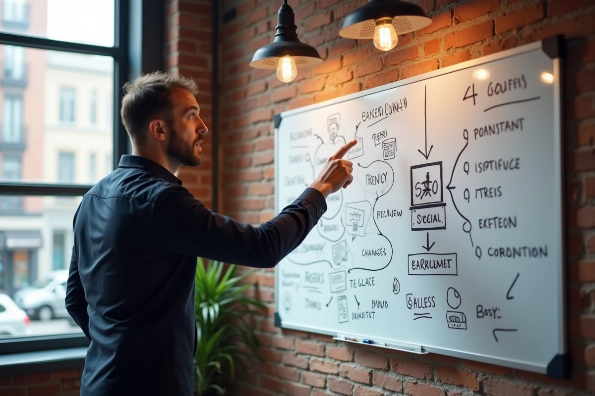 Entrepreneur présentant une stratégie SEO et de tendances web sur un tableau blanc dans un espace de travail créatif