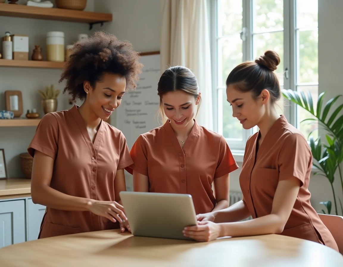 Équipe de professionnels du bien-être consultant des outils de gestion de services sur une tablette dans un espace de travail