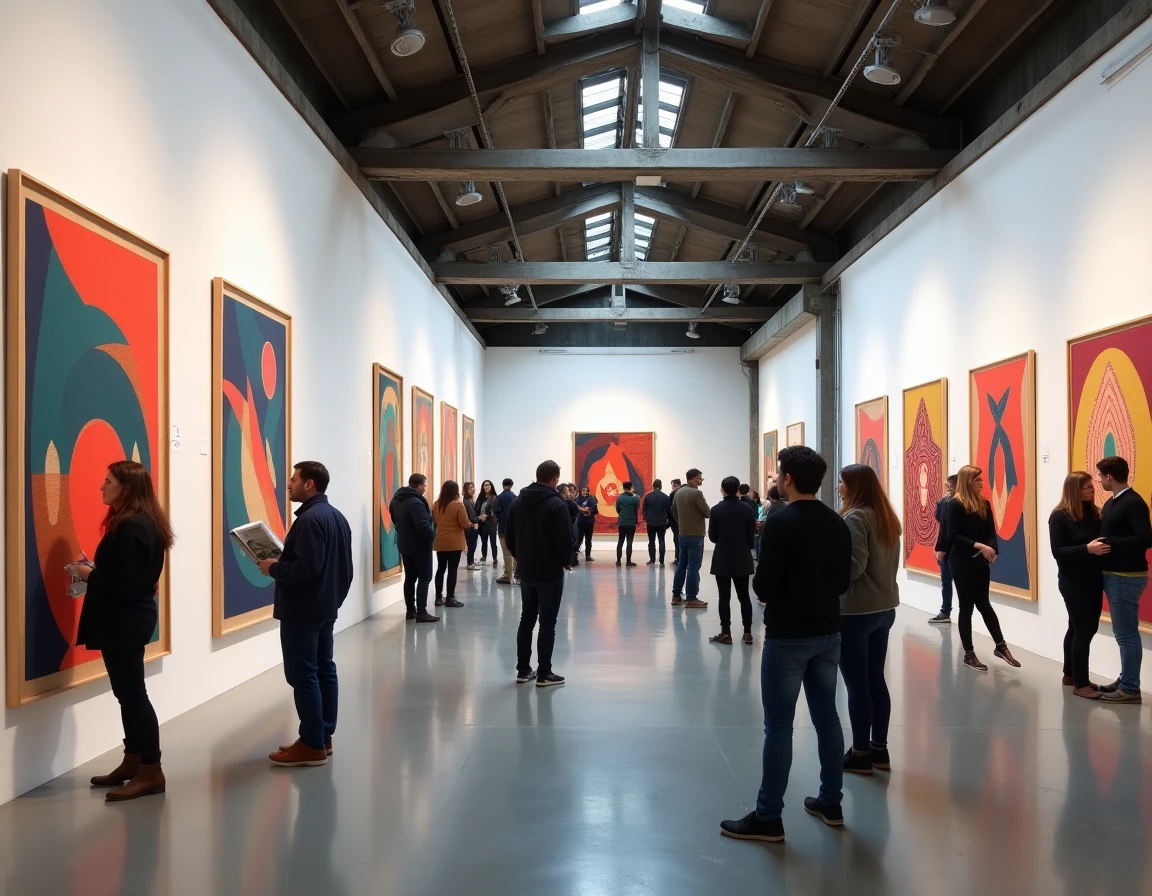 Exposition d'art numérique contemporain dans une galerie bretonne avec des œuvres aux motifs géométriques celtiques sur des murs en béton brut