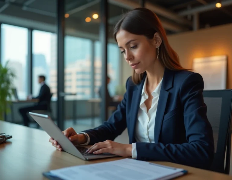 Femme professionnelle consultant les actualités du jour sur une tablette dans un bureau moderne