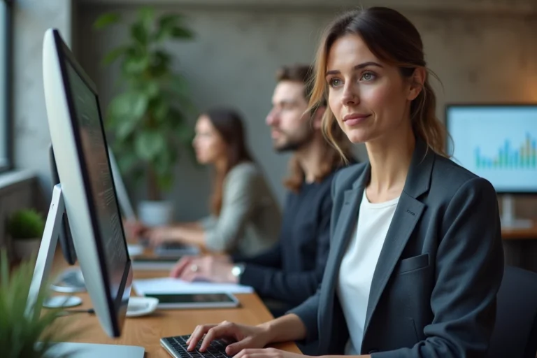 Femme professionnelle analysant des tableaux de bord de visibilité web sur un grand écran dans un bureau moderne