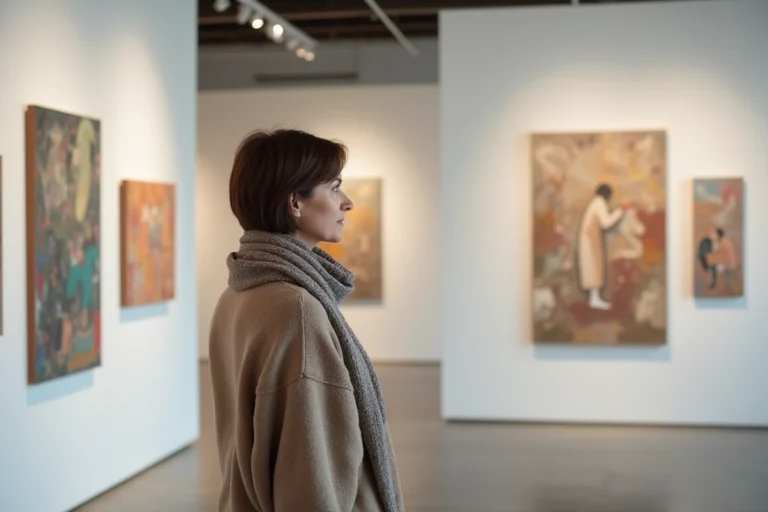 Femme contemplant des peintures abstraites dans une galerie d'art