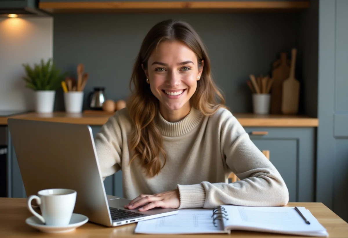 Jeune femme souriante vérifiant son budget dans la cuisine