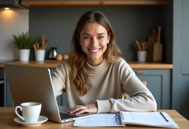 Jeune femme souriante vérifiant son budget dans la cuisine
