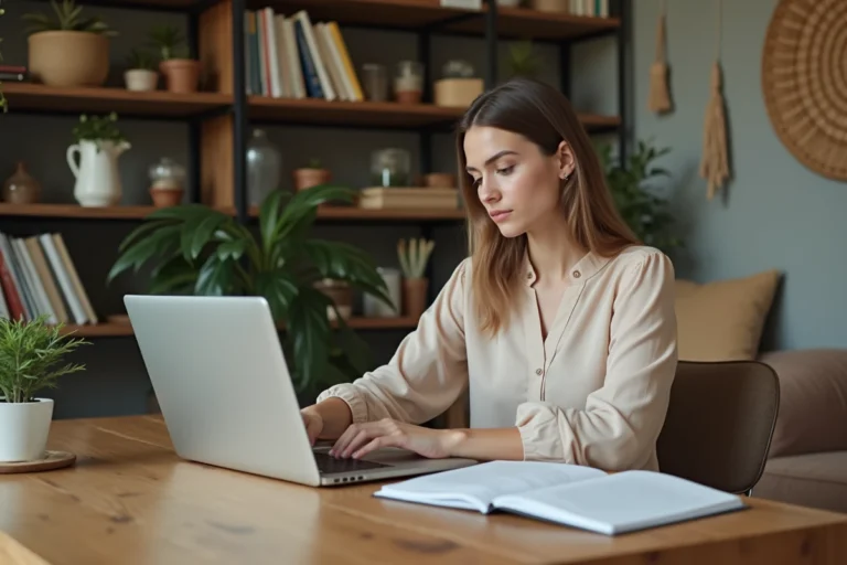 Jeune femme concentrée travaillant sur son ordinateur dans un bureau cosy