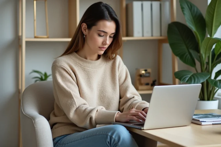 Femme en bureau moderne travaillant sur son ordinateur portable