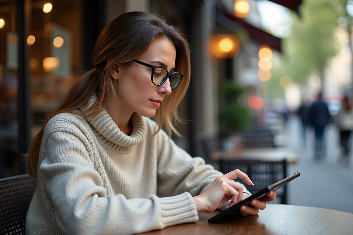 Femme utilisant une tablette dans un café en ville