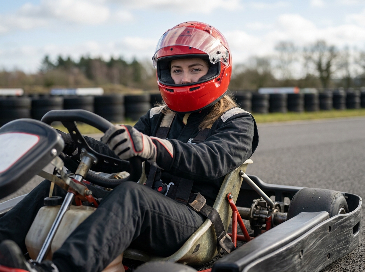 Jeune femme portant un casque karting intégral rouge assise dans son kart sur le circuit, vue en contre-plongée mettant en valeur la protection du casque