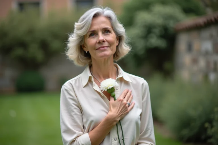 Femme avec une carnation blanche dans un jardin printanier