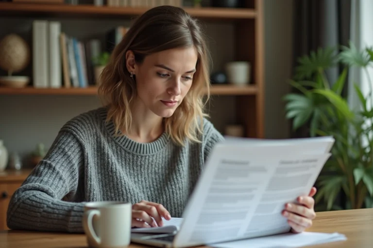 Femme consultant des documents d'assurance auto sur son ordinateur portable à la maison