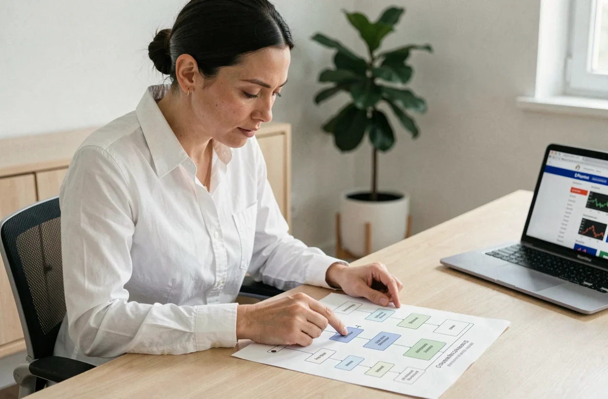 Femme consultant un plan de navigation sitemap sur un site financier à son bureau