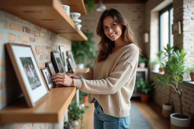 Femme arrangeant des photos de famille dans un salon chaleureux