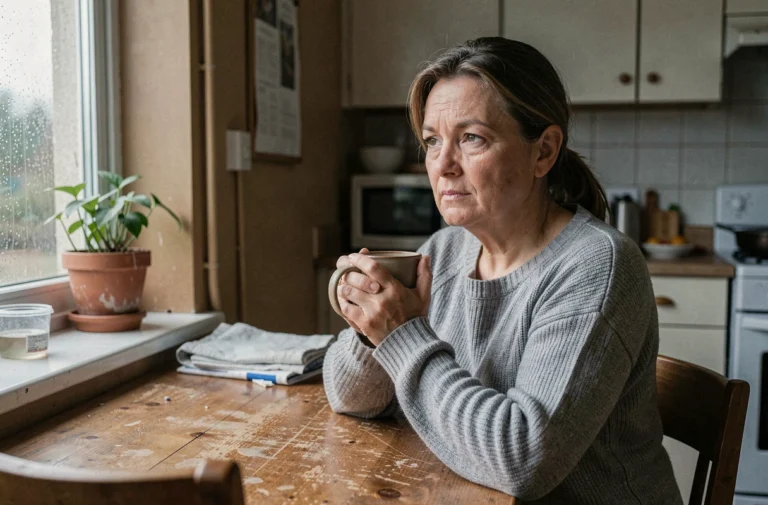 Femme en dépression légère assise seule à une table de cuisine, regard perdu, illustrant les symptômes dépressifs évalués par l'échelle Hamilton