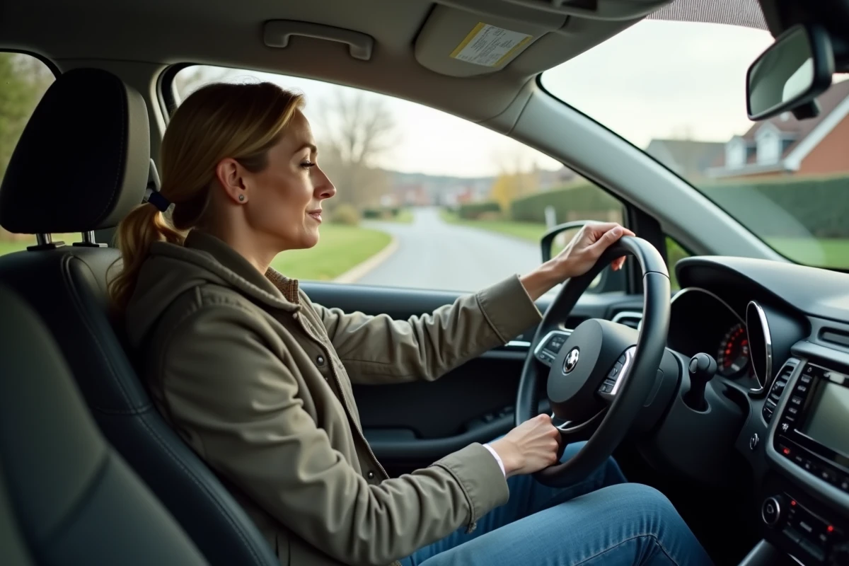 Femme conduit une voiture en test sur une route résidentielle