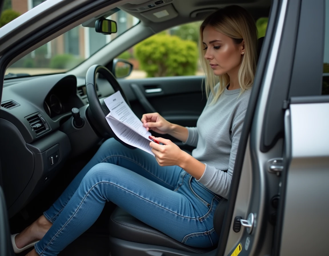 Femme consultant le manuel de voiture pour identifier les fusibles auto à remplacer avec un outil extracteur