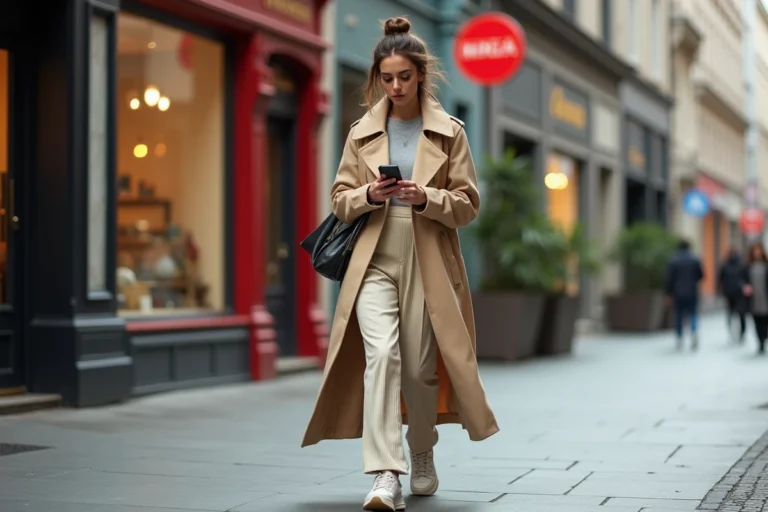 Femme élégante en trench beige dans une rue urbaine dynamique