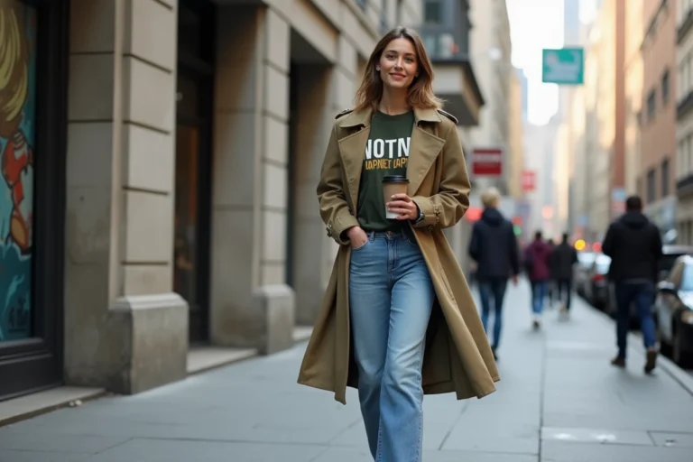 Femme urbaine en trench kaki et denim large