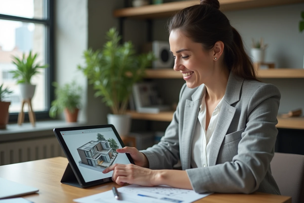 Femme consultant un plan immobilier 3D sur tablette dans un bureau moderne connecté