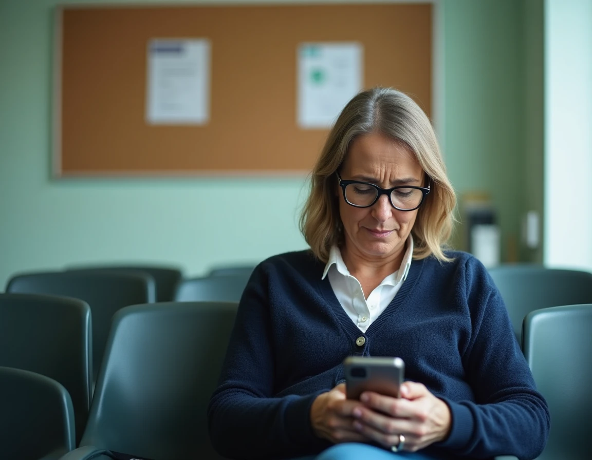 Femme en salle d'attente d'un médecin conseil pour contester un refus de prolongation d'arrêt de travail