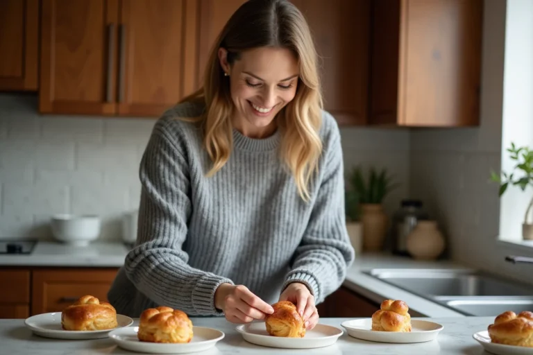 Femme souriante arrangeant une bouchée à la reine dans la cuisine