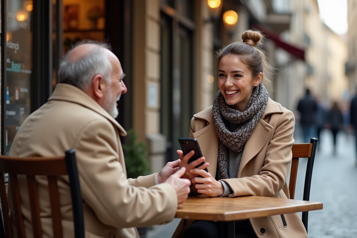 Femme riant avec un commerçant dans un café en rue européenne